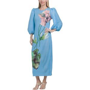 NANCY YANG Puff Sleeve Crinkled Floral Dress